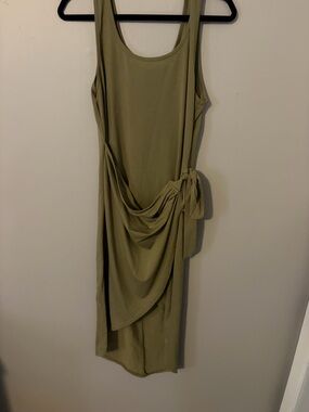 Sleeveless Olive Green Drape Midi Hi Low Dress with Side Tie